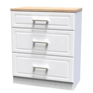 Kent Ready assembled Matt white light oak effect 3 Drawer Chest of drawers (H)885mm (W)765mm (D)415mm