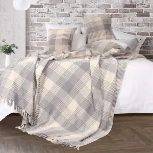 EHC Premium 100% Cotton Large 150 x 200 cm Tartan Throws for Sofa, Armchair Bedspread, Grey