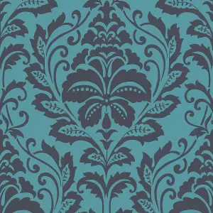 Galerie Home Collection Blue/Black Metallic Damask Motif Wallpaper Roll