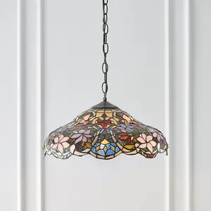 Floral Tiffany Glass Design Ceiling Pendant Light - Dark Bronze Effect Fitting