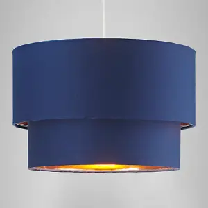 Modern Midnight Blue Cotton Double Tier Ceiling Shade with Shiny Copper Inner