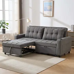 Hudson 3-Seater Sofa Bed Linen Fabric With Cup Holders Grey