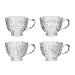 Set of 4 Vintage Style Embossed Botanical Design Coffee Mug Clear Tea Cups