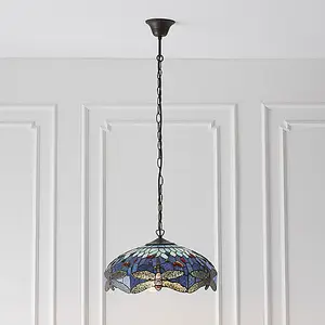 Luminosa Dragonfly Tiffany 3 Light Medium Ceiling Pendant Bronze, Blue