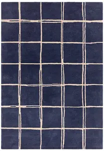 Blue Chequered Wool Modern Shaggy Handmade Rug For Living Room Bedroom & Dining Room-120cm X 170cm