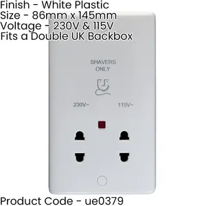 230V & 115V Twin Shaver Socket Wall Plate WHITE PLASTIC Bathroom 86mm x 146mm