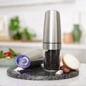 Gravity Salt & Pepper Mill Set with LED Light - Battery Operated Stainless-Steel Grinding Kitchen Tool - Each H20 x 5cm diameter