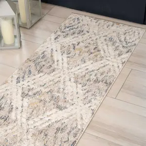 Neutral Beige Distressed Diamond Soft Runner Rug 60x240cm