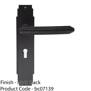 Art Deco Internal Latch Door Handle - Matt Black Lever On Backplate Reeded