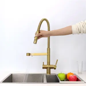 Hommix Savona Brushed Brass Pull-Out Spray-Hose 3-Way Tap (Triflow Filter Tap)