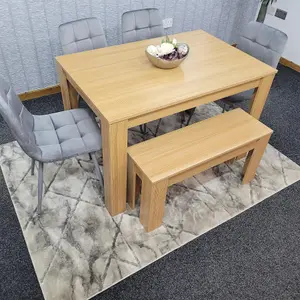 Dining Table and 4 Chairs With Bench Oak Effect Wood 4 Grey Velvet Chairs Dining Room