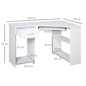 HOMCOM L-Shaped Corner Computer Desk w/ 2 Shelves Worktop Keyboard Tray White