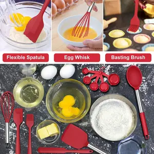 Silicone Kitchen Utensils Set, 25 Pcs Cooking Utensil With Holder, Heat Resistant Kitchen Tools With Stainless Steel Handle For Non-Stick Cookware, Turner Spatula Spoon Tong Brush Whisk, Red Red