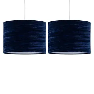 First Choice Lighting Set of 2 Navy Blue Crushed Velvet 30cm Pendant Lightshades