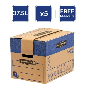 5 BANKERS BOX Cardboard Moving Boxes 37.5L Ultra Heavy Duty Double Wall Boxes Pack of 5