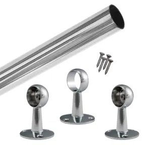 EAI - Hanging Wardobe Rail Kit - 25mm Tube - 2500mm Rail with 2x End Brackets & 1x Centre Brackets - Polished Chrome