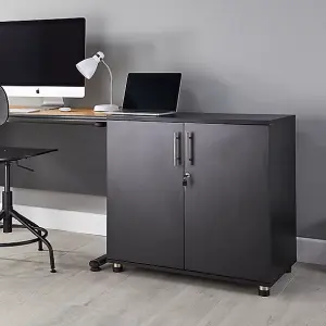 Black Storage Cabinet Cupboard Office Garage Utility - 2 Door Lockable Filing Cabinet - Desk Height Office Cupboard Organiser