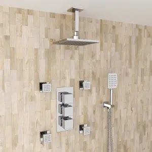 Nes Home Olive Square 3 Way Concealed Thermostatic Shower Mixer Valve, Ceiling Shower Head, Handset, 4x Body Jets Set Chrome