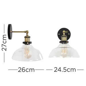 ValueLights Wallace Pair of Industrial Black and Gold Wall Light Fittings with Clear Glass Light Shades