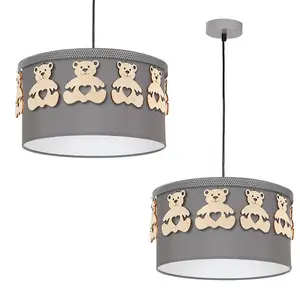 Milagro Mis Grey Pendant Lamp 1XE27 Beautifully Hand Made From Contemporary Grey Fabric With Natural Wooden Teddybears