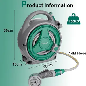 14M Garden Hose Reel Compact Portable Water Pipe 7 Adjustable Spray Gun Nozzles