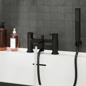 GoodHome Akita Matt Black Deck-mounted Bath mixer tap with shower kit