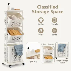 COSTWAY 3-Tier Plastic Laundry Hamper Cart 112 cm Slim Laundry Basket Trolley