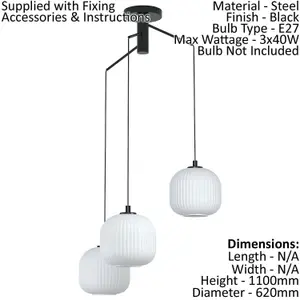 Pendant 3 Bulb Ceiling Light Colour Black Shade White Ridged Glass E27 3x40W