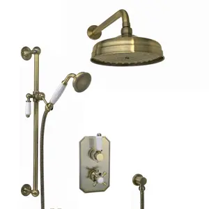 ENKI Regent Antique Brass Traditional Crosshead 2-Outlet Brass Thermostatic Shower Head & Slider Rail Kit 8"