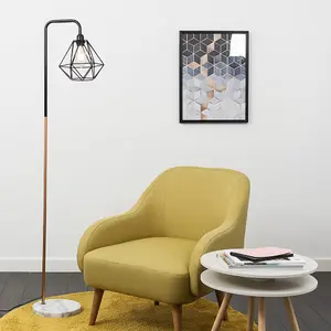 ValueLights Talisman Black Copper Metal and White Marble Base Floor Lamp with Gloss Black Metal Cage Shade