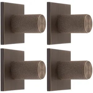 4 PACK - Knurled Cylinder Cabinet Door Knob & Matching Backplate Antique Brass 40 x 40mm