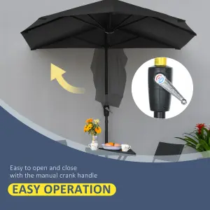 Outsunny 2m Half Parasol Market Umbrella Garden Balcony Parasol with Crank Handle, Cross Base, Double-Sided Canopy, Black