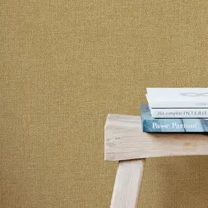 Grandeco Panama Plain Textured Linen Fabric Wallpaper, Mustard