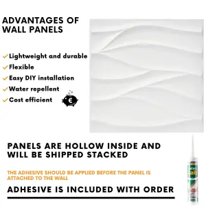 3D Wall Panels Adhesive Included - 6 Sheets Cover 16.15ft²(1.5m²) Interior Cladding Panels - Wavy Wave Effect Design Matte White