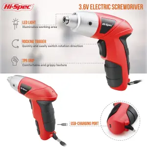 Hi-Spec 27pc 3.6V Red Compact Electric Power Screwdriver & Driver Bit Set. USB Rechargeable for Cordless Screwdriving