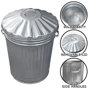 2x Large Galvanised Metal Bins with Dustbin Lids 90 Litre Bins Ideal for the Home, Kitchen Rubbish, Outdoor Bins, Animal Feed