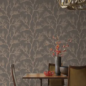 GoodHome Sudeley Brown Metallic effect Icy tree Textured Wallpaper