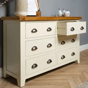 Elm Home And Garden Wide 6 drawer Painted Cream/Off White Chest Of Oak Drawers 78cm High x 128cm Wide x 40cm Deep