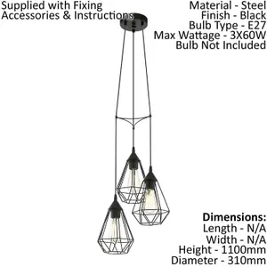 Ceiling Pendant Light & 2x Matching Wall Lights Black Wire Cage Hanging Lamp