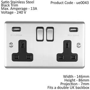 2 Gang Single UK Plug Socket & Dual 2.1A USB SATIN STEEL & Black 13A Switched