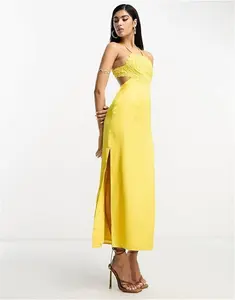 ASOS DESIGN Embroidered Bodice Satin Bias Midi Dress With Open Back In Mustard-Yellow - Yellow (Size: 16)