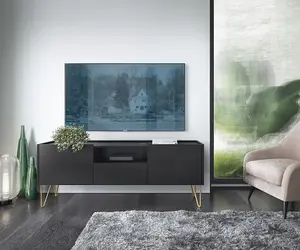 Sleek Harmony TV Cabinet H550mm W1440mm D370mm in Black & Black Marble - Sophisticated Storage for Modern Entertainment