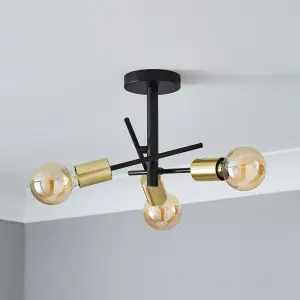 Litecraft Sparro Black 3 Arm Semi-Flush Ceiling Light