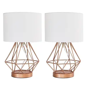 ValueLights Melrose Pair of Modern Copper Metal Basket Cage Touch Table Lamps with White Shades