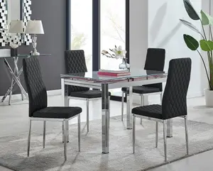 Enna White Glass Extending Dining Table and 4 Black Milan Chairs