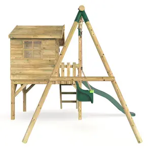 Rebo Orchard 4ft x 4ft Wooden Playhouse with Baby Swing, 900mm Deck and 6ft Slide - Pluto Green