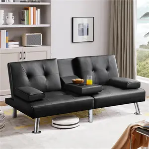 Astro Black PU Leather Sofa Bed - Chrome Legs-Cup holders, 3-Seater Multipurpose Couch/ Sofa