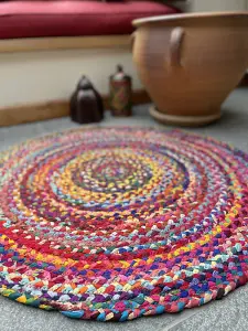 SUNDAR Round Rug Braided with Recycled Fabric - L60 x W60 - Multicolour