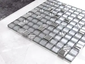 Glass mosaic on mesh for bathroom or kitchen 300mm x 300mm - Silver Energy