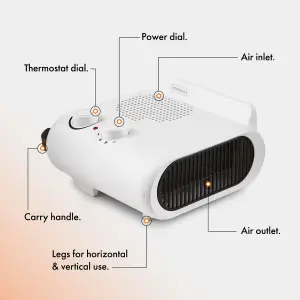 VonHaus Fan Heater 2KW, Portable Electric Lightweight Heater for Home, Office, Any Room, Can be Placed Upright or Flat, White